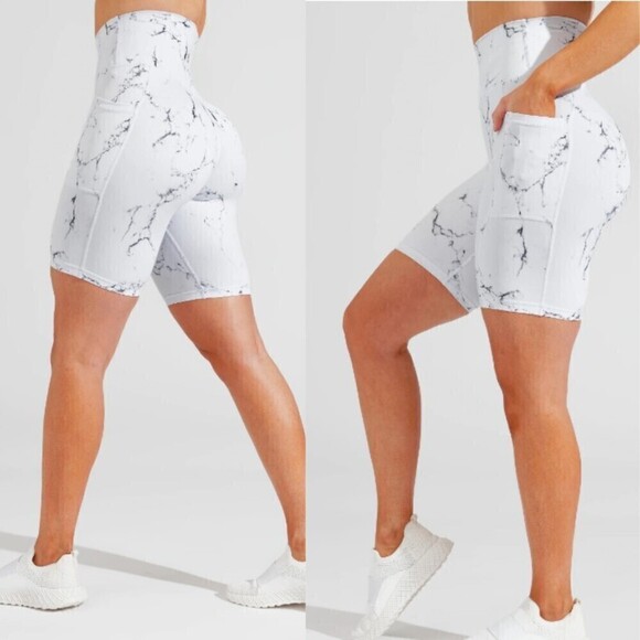 BuffBunny Limitless White Marble Size M Seamless Pocket Biker NEW Active Shorts - Picture 3 of 10